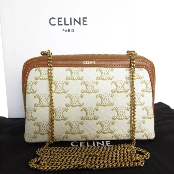 Auth CELINE Triomphe Crossbody Shoulder Bag pouch Off White/Brown